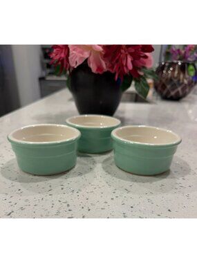 3 Cermer Spain Mint Green White Ceramic 4 oz Ramekins Dipping Sauce Bowls